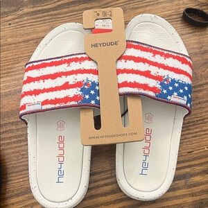 Hey Dude  White, Red & Blue American Flag Slide Sandals USA July4th memorial